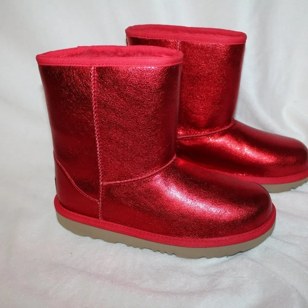 NIB UGG TODDLER GIRL'S RED METALLIC GLITTER SHEARLING LINED CLASSIC SHORTS BOOTS